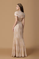 Round Neck Mermaid Gown with Draped Shoulder in Pleated Beige Jersey for women, from IHF ATELIER, The Viet Concept 