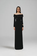L' SCARLETT • Draped Off-Shoulder Crystal Beaded Crepe Maxi Dress