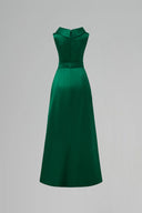 Emerald Green Silk A-Line Gown With Deconstructed Collar Bow Belt for women, from IHF ATELIER, The Viet Concept