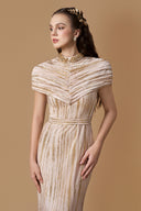 Round Neck Mermaid Gown with Draped Shoulder in Pleated Beige Jersey for women, from IHF ATELIER, The Viet Concept 