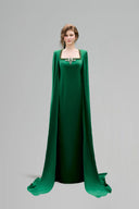 Emerald Trapeze Neck Column Evening Gown With Draped Cape for women, from IHF ATELIER, The Viet Concept