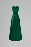 Emerald Green Silk A-Line Gown With Deconstructed Collar Bow Belt for women, from IHF ATELIER, The Viet Concept