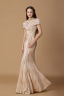 Round Neck Mermaid Gown with Draped Shoulder in Pleated Beige Jersey for women, from IHF ATELIER, The Viet Concept 
