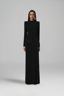 L' SCARLETT • Peplum High-Neck Crystal-Embellished Front-Slit Maxi Dress