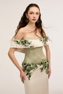 21SIX • Malika Silk Taffeta Off-Shoulder Crystal Floral Gown