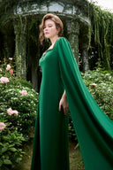 Emerald Trapeze Neck Column Evening Gown With Draped Cape for women, from IHF ATELIER, The Viet Concept