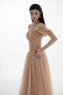 Althea Champagne Crystal Off-Shoulder Tulle Gown for women, from JOSEPHINE, The Viet Concept 