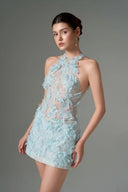 Aurelia Crystal Floral Lace Mini Dress in Aqua for women, from 21SIX, The Viet Concept