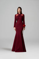 IHF ATELIER • Burgundy Draped Crepe Mermaid Gown