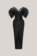 Black Mystic Sheath Square Neck Velvet Ankle Length Dress for women, from Calista, The Viet Cocnept 