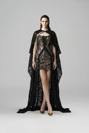 Reverberation Noir Lace Train Cape Mini Dress for women, from SORAMAME, The Viet Concept