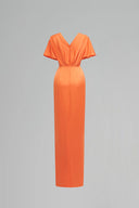 Orange Agate Silk V-Neck Slit Gown With Bow Detail for women, from IHF ATELIER, The Viet Concept