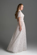 IHF STUDIO • Ivory Architectural Lace Bustier A-Line Dress with Crystal Cape