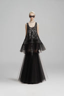 SORAMAME • Gunmetal Silver Parallax Floral Sequin Ruffle Tunic Top