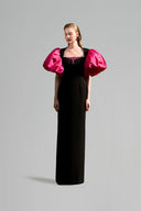 Black Fuchsia Puff Sleeve Column Evening Gown for women, from IHF ATELIER, The Viet Concept