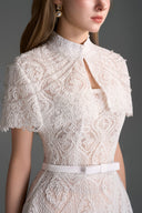 IHF STUDIO • Ivory Architectural Lace Bustier A-Line Dress with Crystal Cape