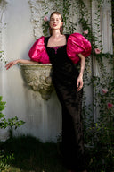 Black Fuchsia Puff Sleeve Column Evening Gown for women, from IHF ATELIER, The Viet Concept