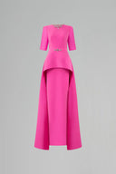 Pink Crystal Embellished Column Evening Gown Mullet Peplum Sleeves for women from IHF ATELIER, The Viet Concept