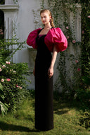 Black Fuchsia Puff Sleeve Column Evening Gown for women, from IHF ATELIER, The Viet Concept