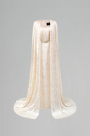 Ivory Metallic Striped Chiffon Bustier Column Gown With Cape for women, from IHF ATELIER, The Viet Concept