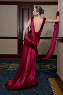 THÉSONG • Burgundy Draped Satin Column Evening Gown