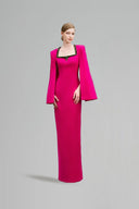 Hot Pink Column Evening Gown-Trapeze Neck Crystal Slit Sleeves for women, from IHF ATELIER, The Viet Concept