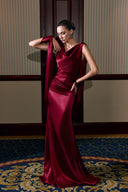 THÉSONG • Burgundy Draped Satin Column Evening Gown