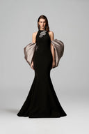 IHF ATELIER • Black Crepe & Grey Taffeta Crystal-Embellished Mermaid Gown