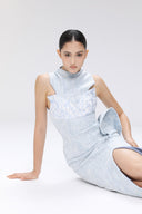 Orbic Lace Denim Jacquard Cowl Neck Cut-Out Maxi Dress for women, from SORAMAME, The Viet Concept