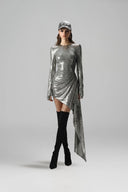 Glimmer Silver Sculpted Long Sleeve Bodysuit for women, from SORAMAME, The Viet Concept
