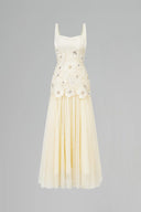 CALISTA • Eliane Embellished Tweed & Floral Lace Maxi Dress