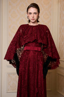 Étoile Dark Red French Lace Cape Column Gown for women, from IHF ATELIER, The Viet Concept 
