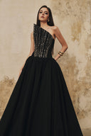 L' SCARLETT • Flared Pointed-Bust Crystal-Embellished Maxi Gown