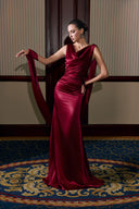 THÉSONG • Burgundy Draped Satin Column Evening Gown