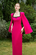 Hot Pink Column Evening Gown-Trapeze Neck Crystal Slit Sleeves for women, from IHF ATELIER, The Viet Concept