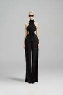 SORAMAME • Black Waves Sculptural Wave-Tulle Peplum Top