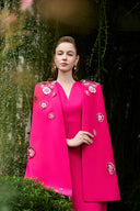 Fuchsia Crystal Embroidered Rose Cape Column Evening Gown for women, from IHF ATELIER, The Viet Concept