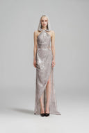 SORAMAME • Ice Grey Otherwise Halter Sequin Hooded Gown