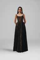 L' SCARLETT • Flared Crystal-Beaded Glitter Lace U-Neck Maxi Dress