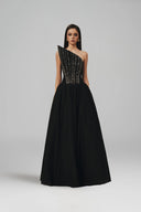 L' SCARLETT • Flared Pointed-Bust Crystal-Embellished Maxi Gown