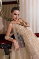 THÉSONG • Nude Sheer Embellished Column Evening Gown