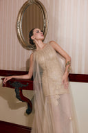 THÉSONG • Nude Sheer Embellished Column Evening Gown