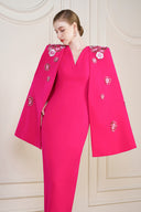Fuchsia Crystal Embroidered Rose Cape Column Evening Gown for women, from IHF ATELIER, The Viet Concept