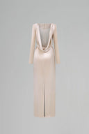 IHF ATELIER • Satin Silk Long-Sleeve Draped Back Tie Gown