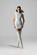 Stillpoint Asymmetric Silver Lace Structured Mini Dress for women, from SORAMAME, The Viet Concept