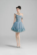 LINH PHUNG • Nuville Lapis Blue Off-Shoulder Feather Hem Organza Mini Dress