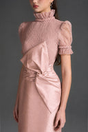 IHF STUDIO • Vine Guipure Lace & Taffeta Column Dress with Draped Bow