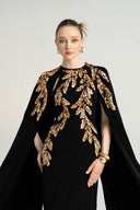 21SIX • Florine Crepe Crystal Leaf-Embellished Cape Evening Gown
