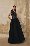 L' SCARLETT • Flared Pointed-Bust Crystal-Embellished Maxi Gown