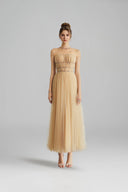 Isolde Crystal Draped Tulle Midi Dress for women, from CALISTA, The Viet Concept